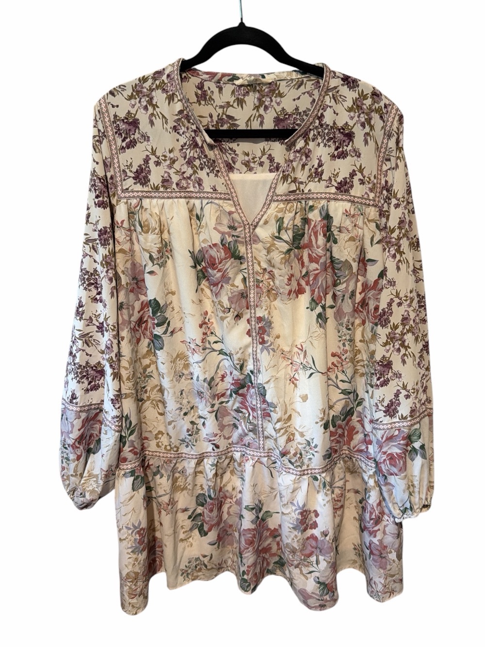 entro Women's Floral Cream and Mauve Peasant Boho Dress Size 1X